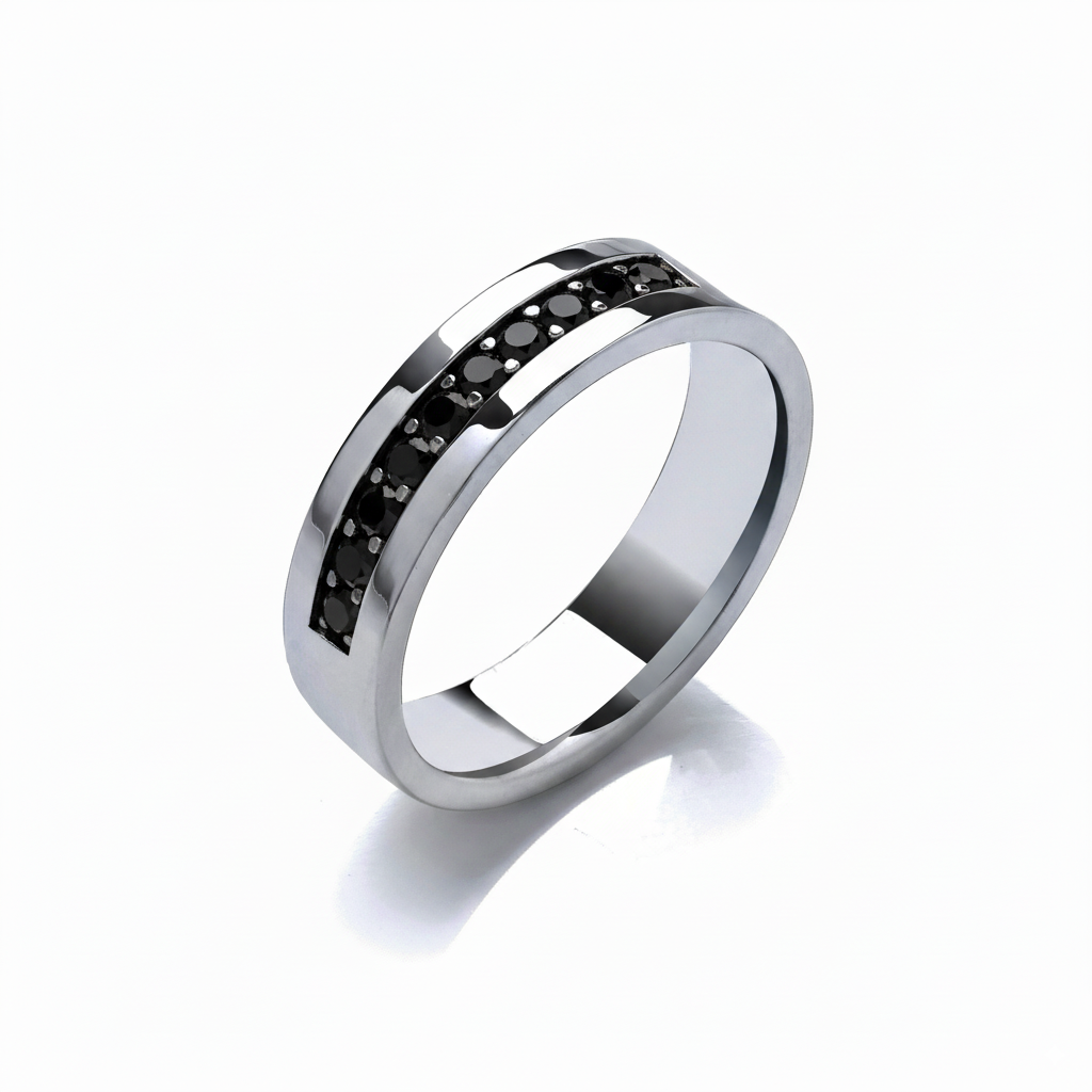 6mm Flat Shaped Titanium Ring with 10x 2mm Black Diamonds