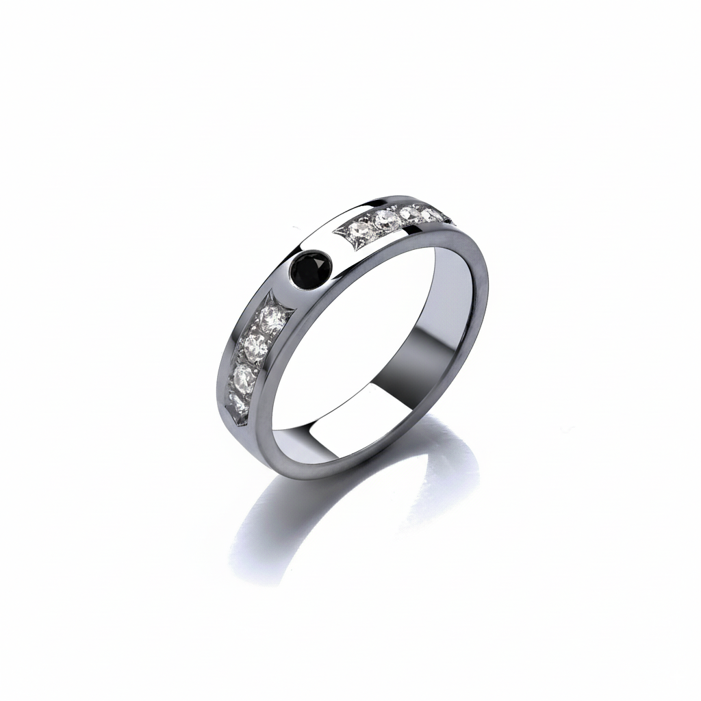 4mm Flat Shaped Titanium Ring with a 3mm Black Diamond Plus 8x 2mm Brilliant Cut Diamonds